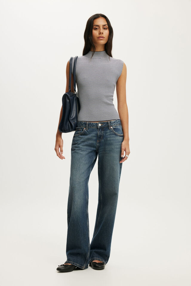 Mock Neck S/Less Fine Knit, MICRO STRIPE