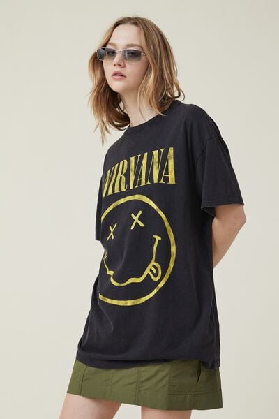 Camiseta - Boyfriend Fit Nirvana Tee, LCN MT NIRVANA FACE LOGO/ WASHED BLACK