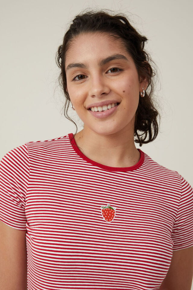 Fitted Graphic Longline Tee, BERRY / RED WHITE STRIPE