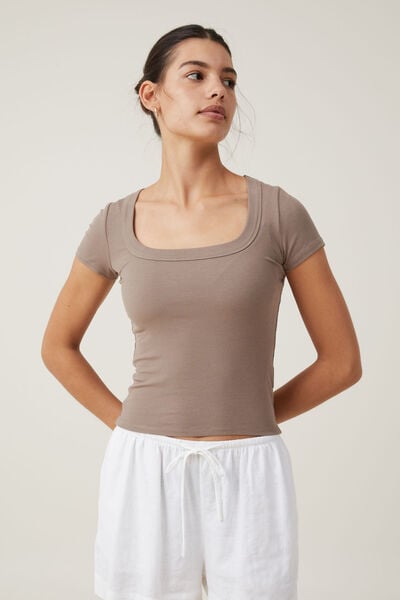 Staple Rib Scoop Neck Short Sleeve Top, RICH TAUPE