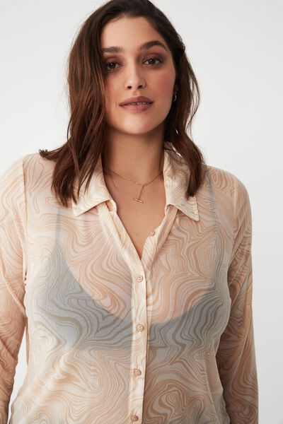 Curve Button Down Mesh Long Sleeve Top, SHIRLEY SWIRL LINEN TAUPE