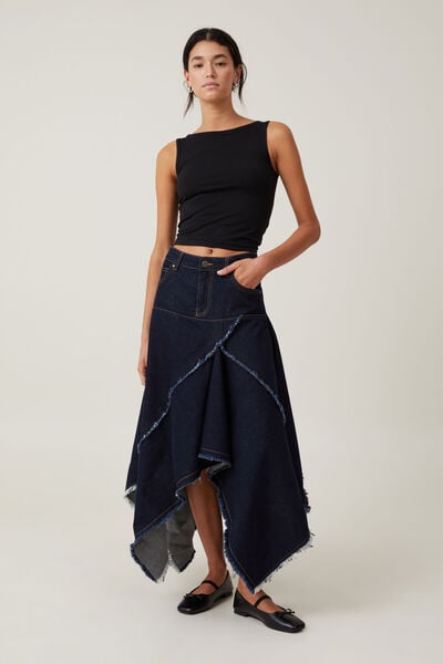 High Waist Pleated Flare Midi Skirt in Indigo