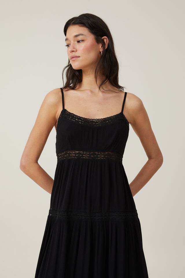 Rylee Lace Trim Maxi Dress, BLACK