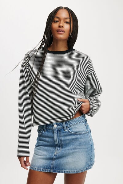 Boxy Crew Sweatshirt, MINI STRIPE BLACK/ WHITE