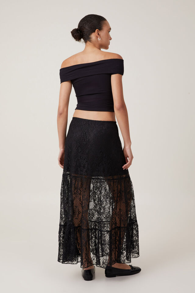 Saia - Lace Tiered Maxi Skirt, BLACK