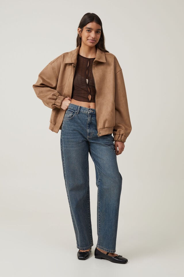 Faux Suede Bomber Jacket, TAN