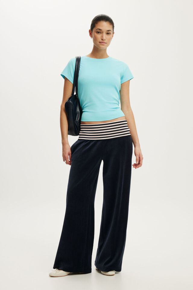 Velour Fold Over Sweatpant, SHADOW NAVY/STRIPE