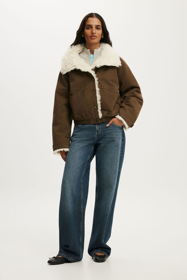 Quinn Fur Lined Jacket, WASHED OLIVE
