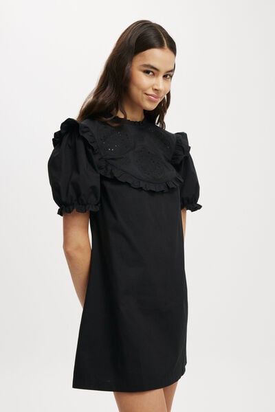 Zoe Cutwork Ruffle Mini Dress, BLACK