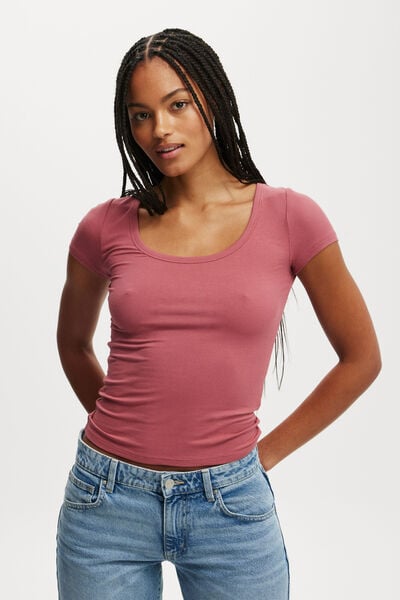 Staple Rib Scoop Neck Short Sleeve Top, SUGAR PLUM