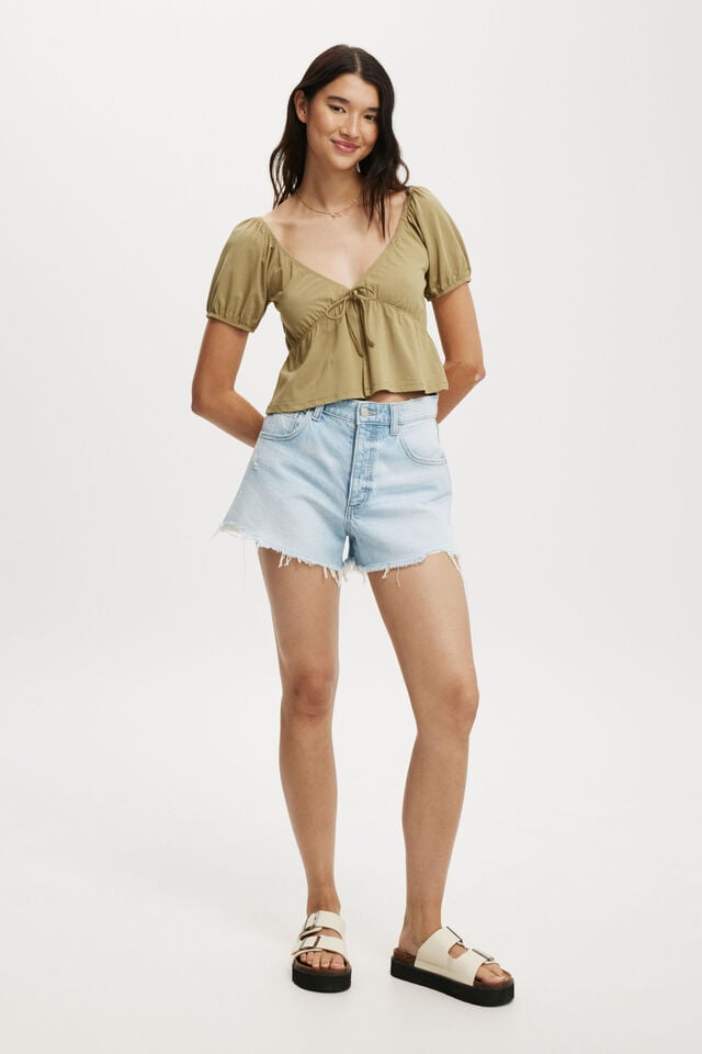 Mila Tie Front Short Sleeve Top, DESERT KHAKI