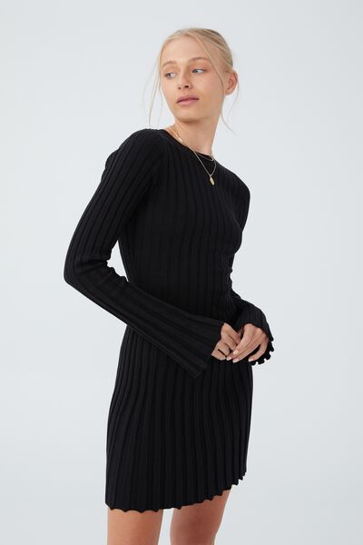 Vestido - Twist Knit Long Sleeve Mini Dress, BLACK
