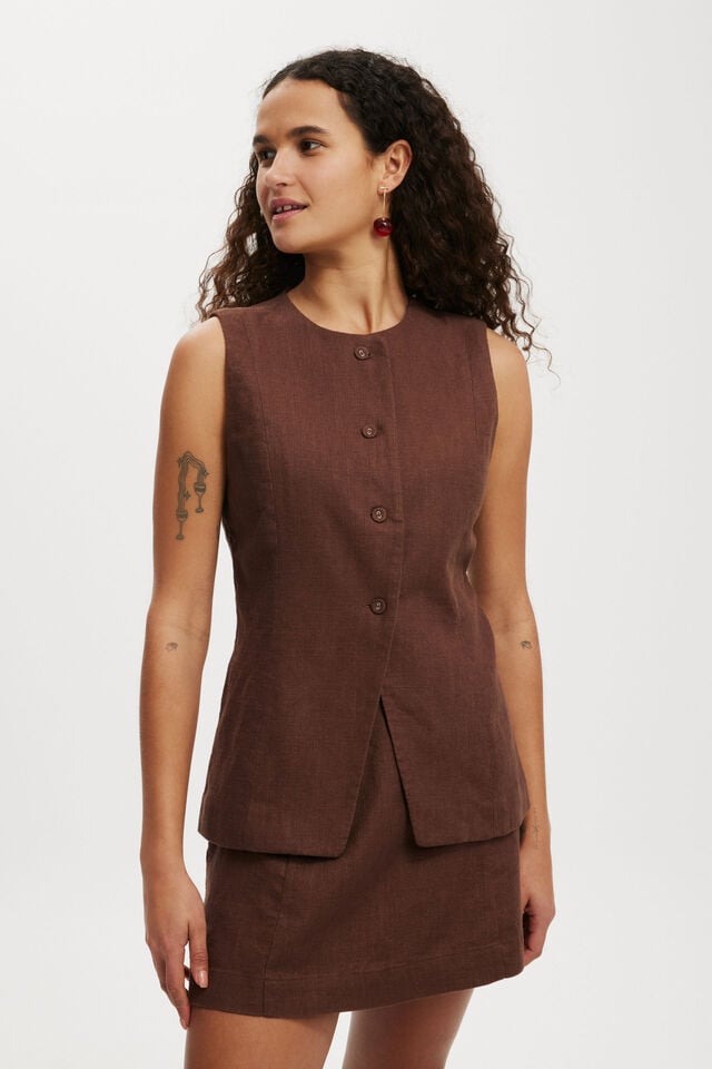 Sienna Linen Cotton Vest, CHOCOLATE