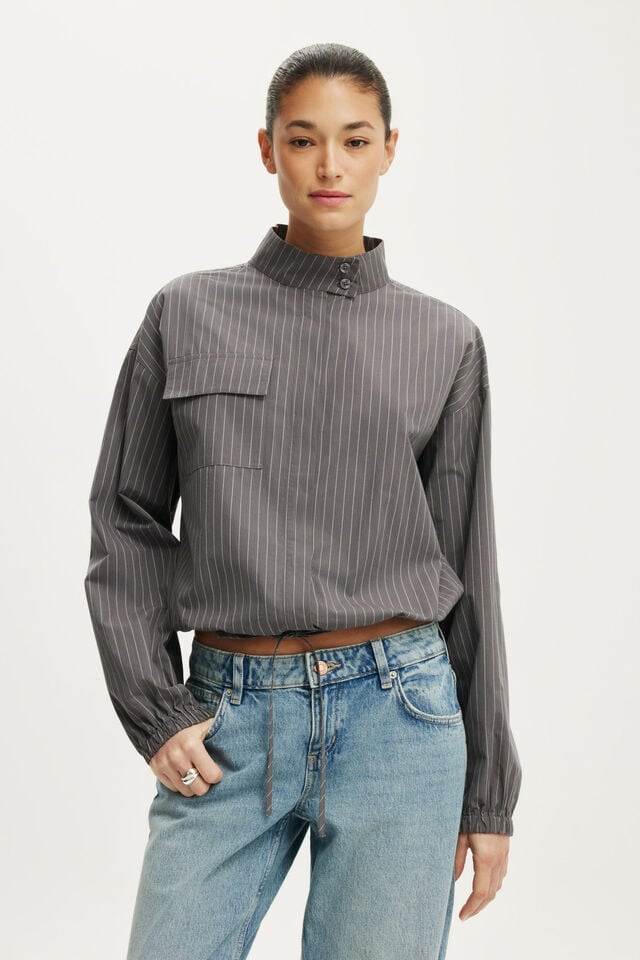 Chloe Funnel Neck Shirt, KYLIE PINSTRIPE GREY