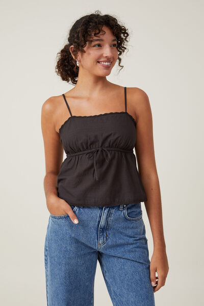 Cotton Lace Straight Neck Cami, WASHED BLACK