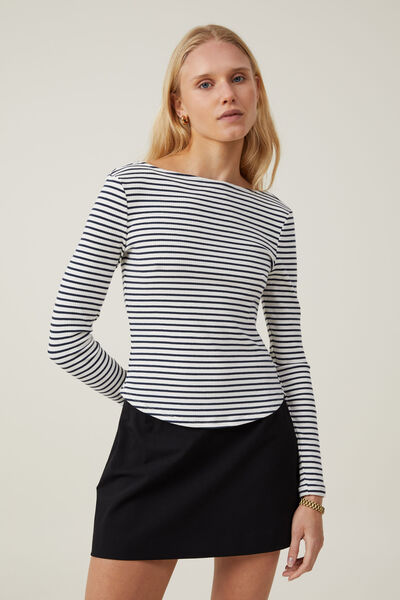 Margot Boat Neck Long Sleeve Top, RONI STRIPE PORCELAIN/INK NAVY