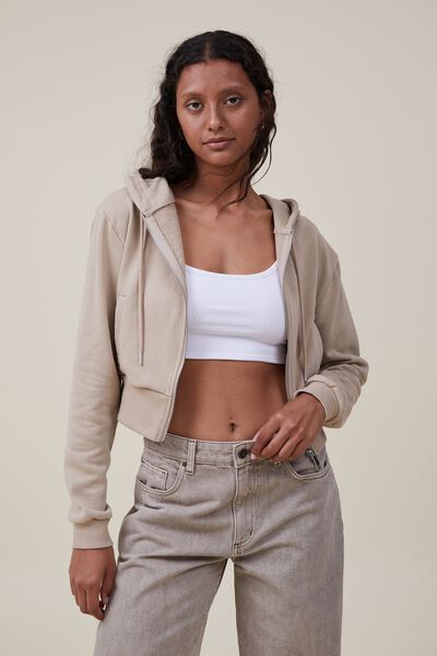 Moletom - Cropped Fitted Zip Through, MID TAUPE