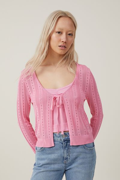 Pointelle Tie Front Cardigan, SUNSET PINK