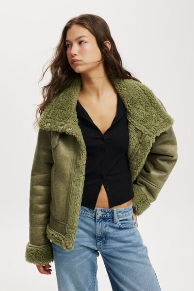 Dakota Faux Leather Jacket, ARTICHOKE