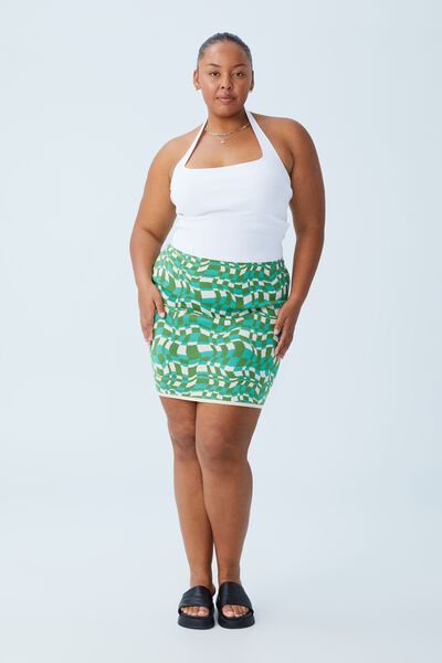 Curve Intarsia Knit Mini Skirt, NINA CHECKERBOARD CAMPER GREEN