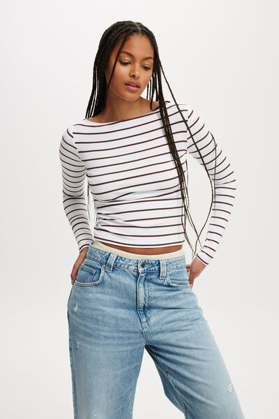 Staple Rib Boat Neck Long Sleeve Top, REMI  STRIPE WHITE/UMBER