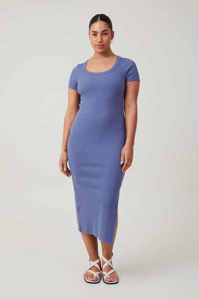 Vestido - Rib Short Sleeve Midi Dress, MARINE BLUE