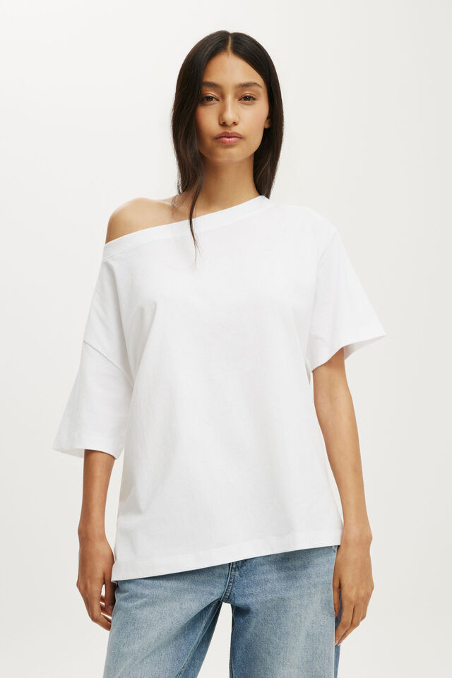 Boxy Off Shoulder Short Sleeve Tee, WHITE