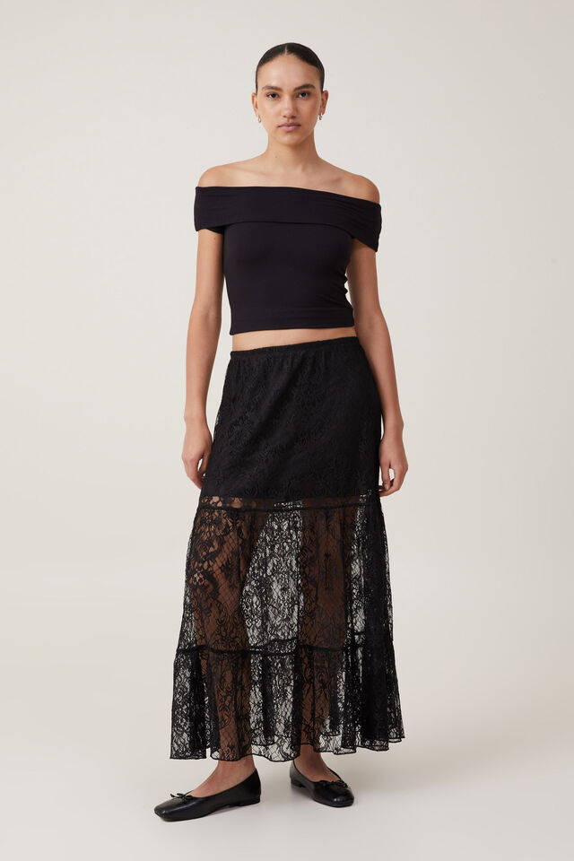 Saia - Lace Tiered Maxi Skirt, BLACK