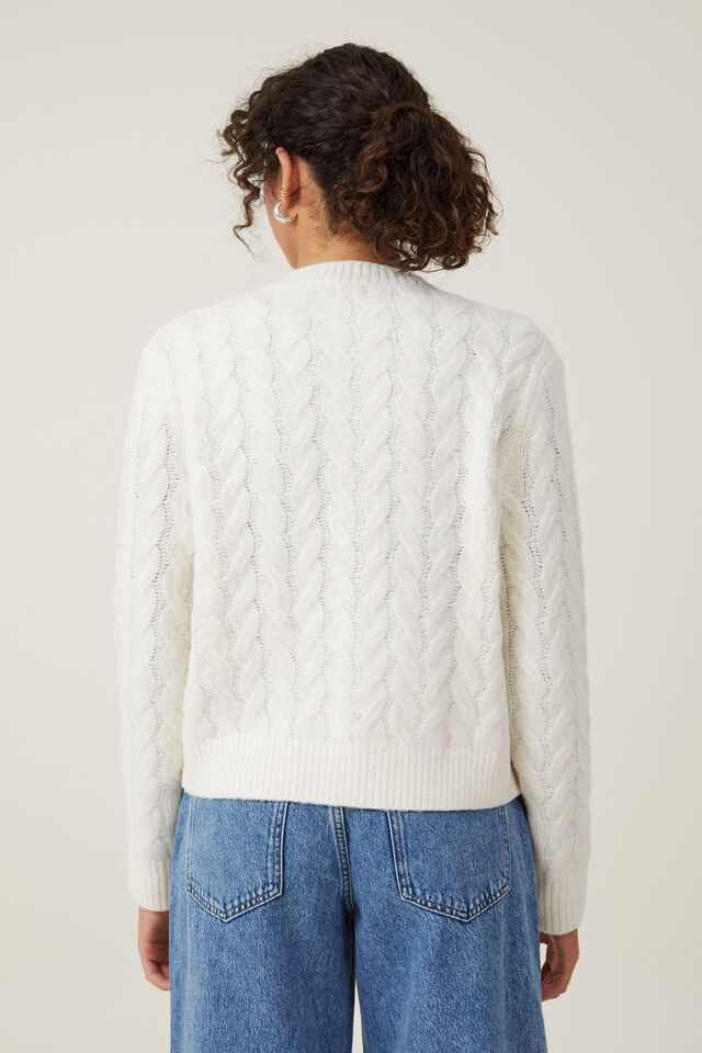 Luxe Cable Crew Cardigan, PORCELAIN