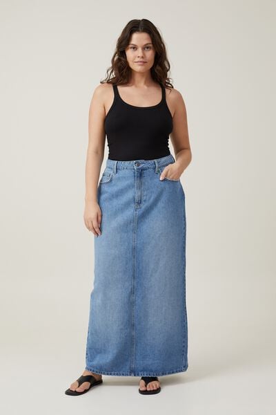 Womens Long Denim Skirt High Waist Split Skirt Zipper Up Asymmetrical Maxi  Skirts Jean Skirt with Pockets