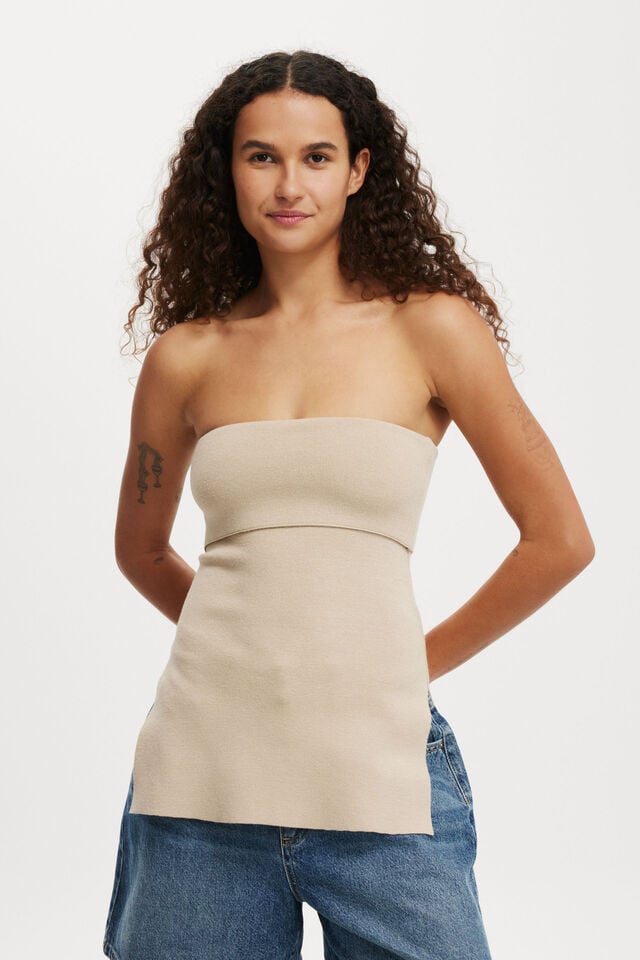 Double Knit Fold Over Bandeau, MID TAUPE