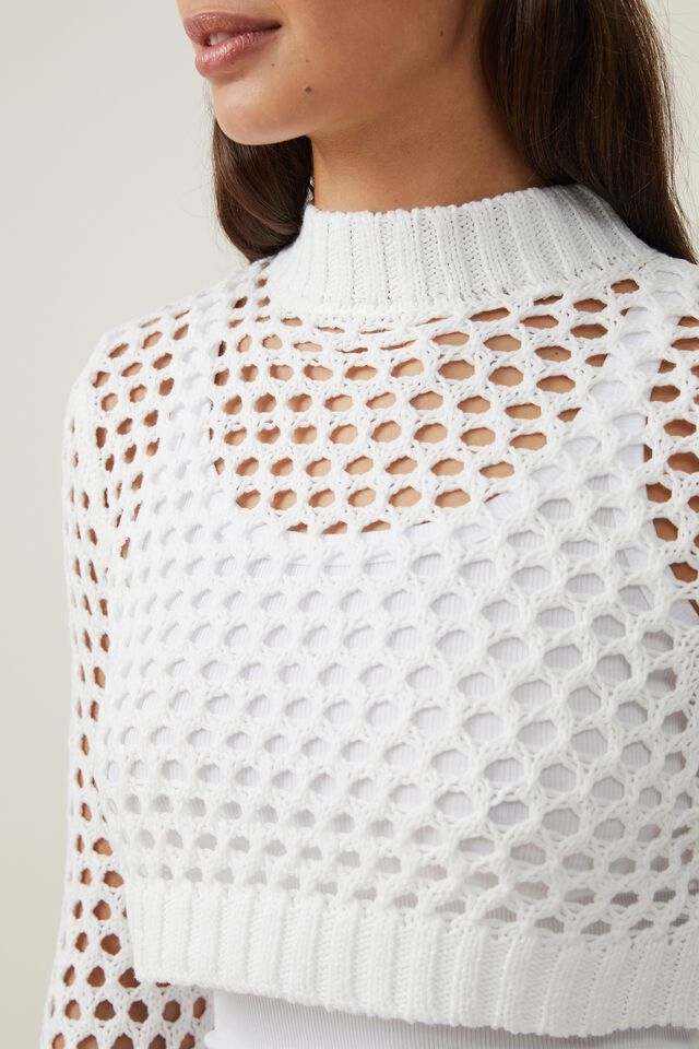 Open Knit Crop Pullover, WHITE