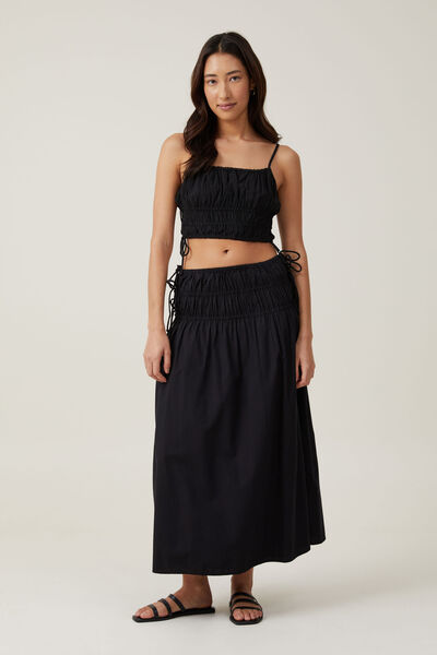 Daisy Shirred Maxi Skirt, BLACK