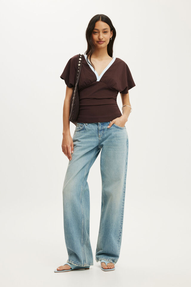 Benni Cinched Vee Tee, DARK OAK/SEASIDE BLUE