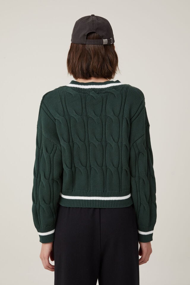 Cable Cotton V-Neck Pullover, PINE FOREST GREEN