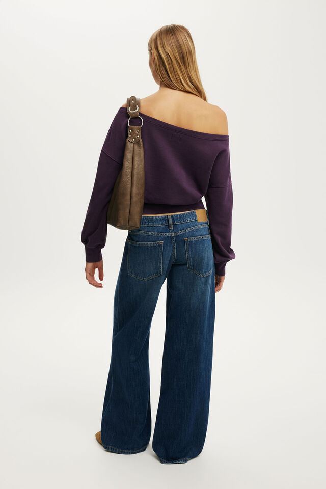 Relaxed Off Shoulder Sweatshirt, WASHED DARK MULBERRY