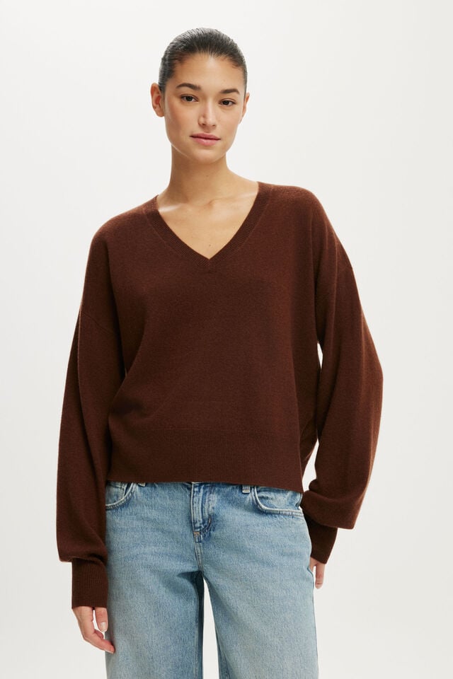 Cashmere Blend V-Neck Knit, DARK OAK