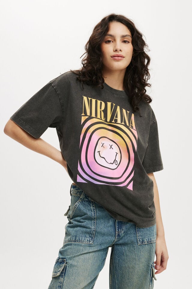 Camiseta - Nirvana Boxy Graphic Tee, LCN MT NIRVANA FACE/WASHED BLACK