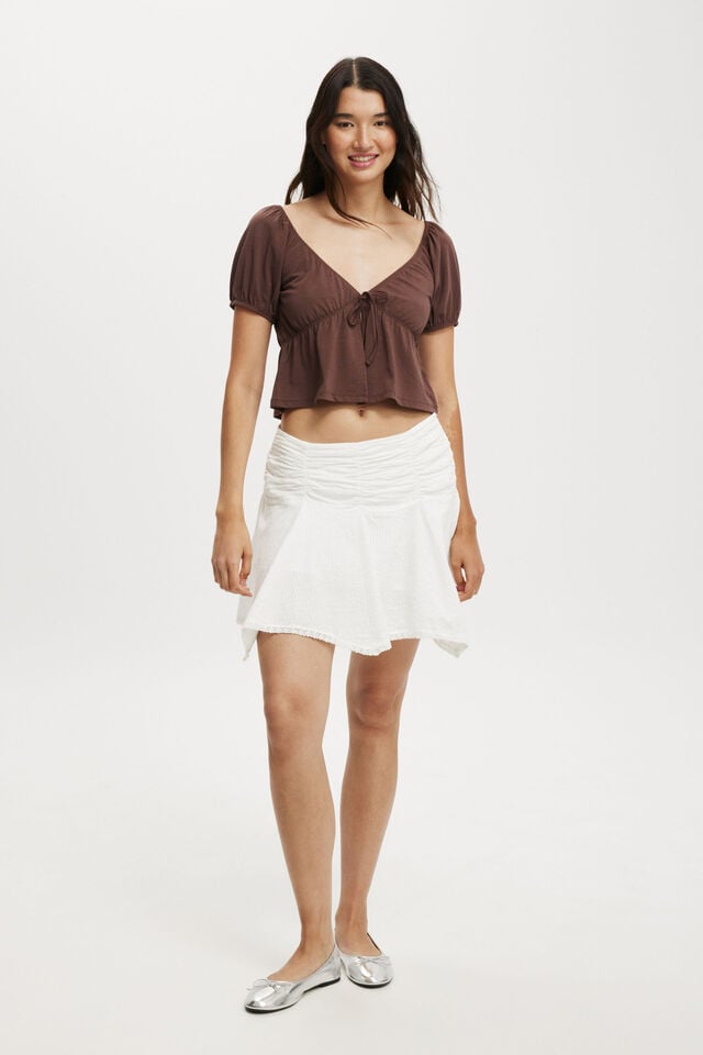 Mila Tie Front Short Sleeve Top, CHOCOLATE