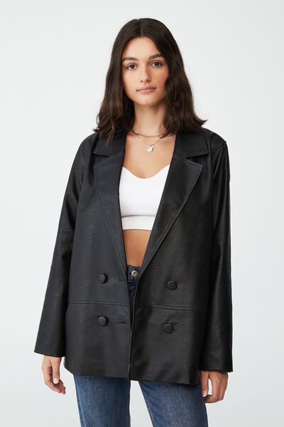 Vegan Leather Coat Jacket, BLACK