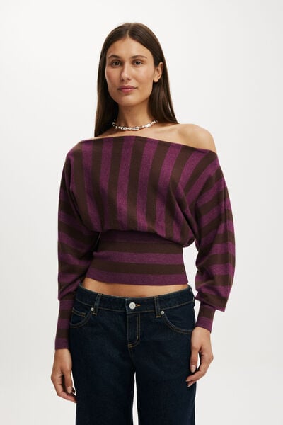 Everfine Ls Batwing Knit, DARK OAK/BLACKBERRY STRIPE