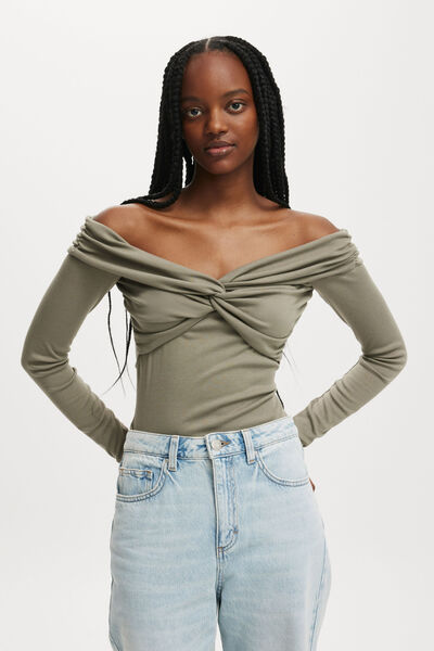 Georgia Knot Front Long Sleeve Top, WOODLAND