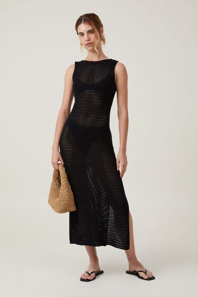 Corby Crochet Maxi Dress, BLACK