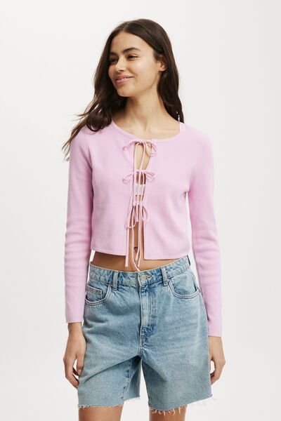 Essential Triple Tie Crew Cardigan, PINK