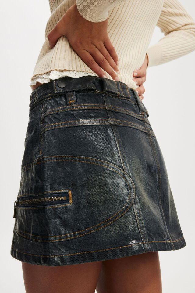 Moto Denim Mini Skirt, WET LOOK/SLATE