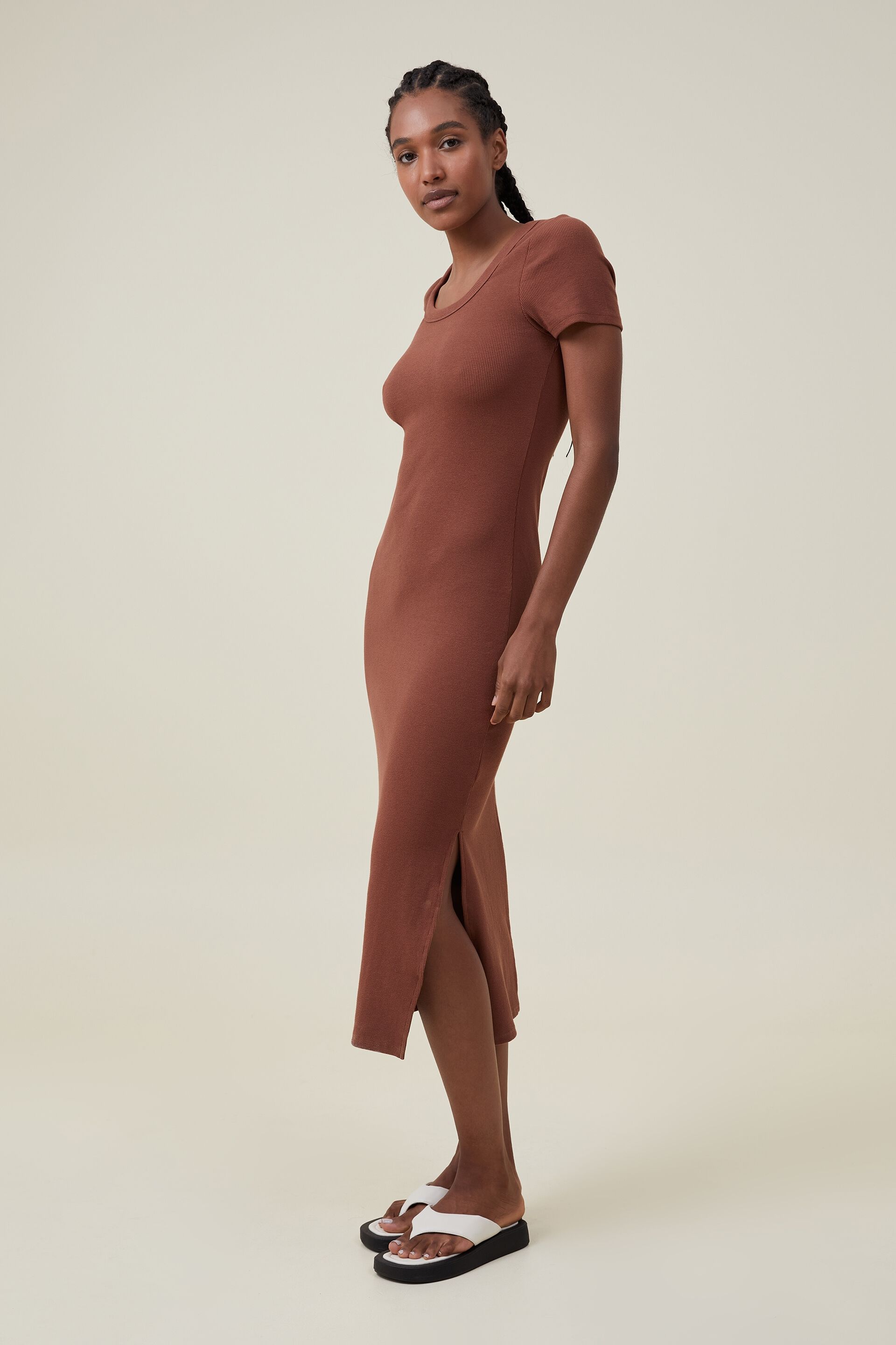 Women Dresses | Rib Short Sleeve Split Midi Dress - SN40128