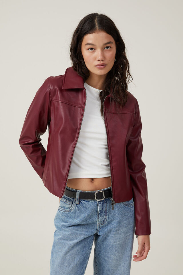 Minimalist Faux Leather Jacket, BERRY