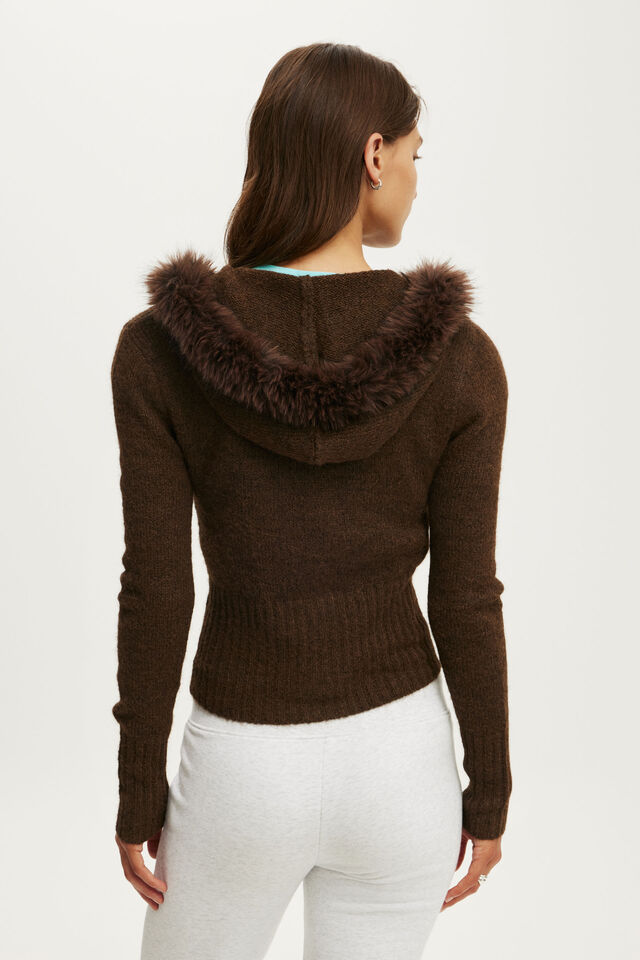 Fluffy Knit Zip Hoodie, DARK OAK