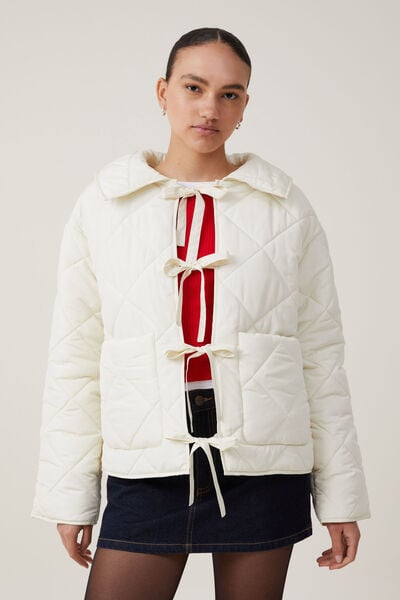 Quilted Tie Up Jacket, IVORY
