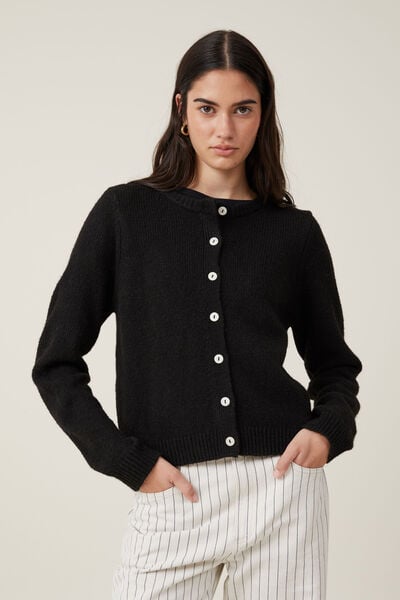 Lux Crew Button Cardigan, BLACK